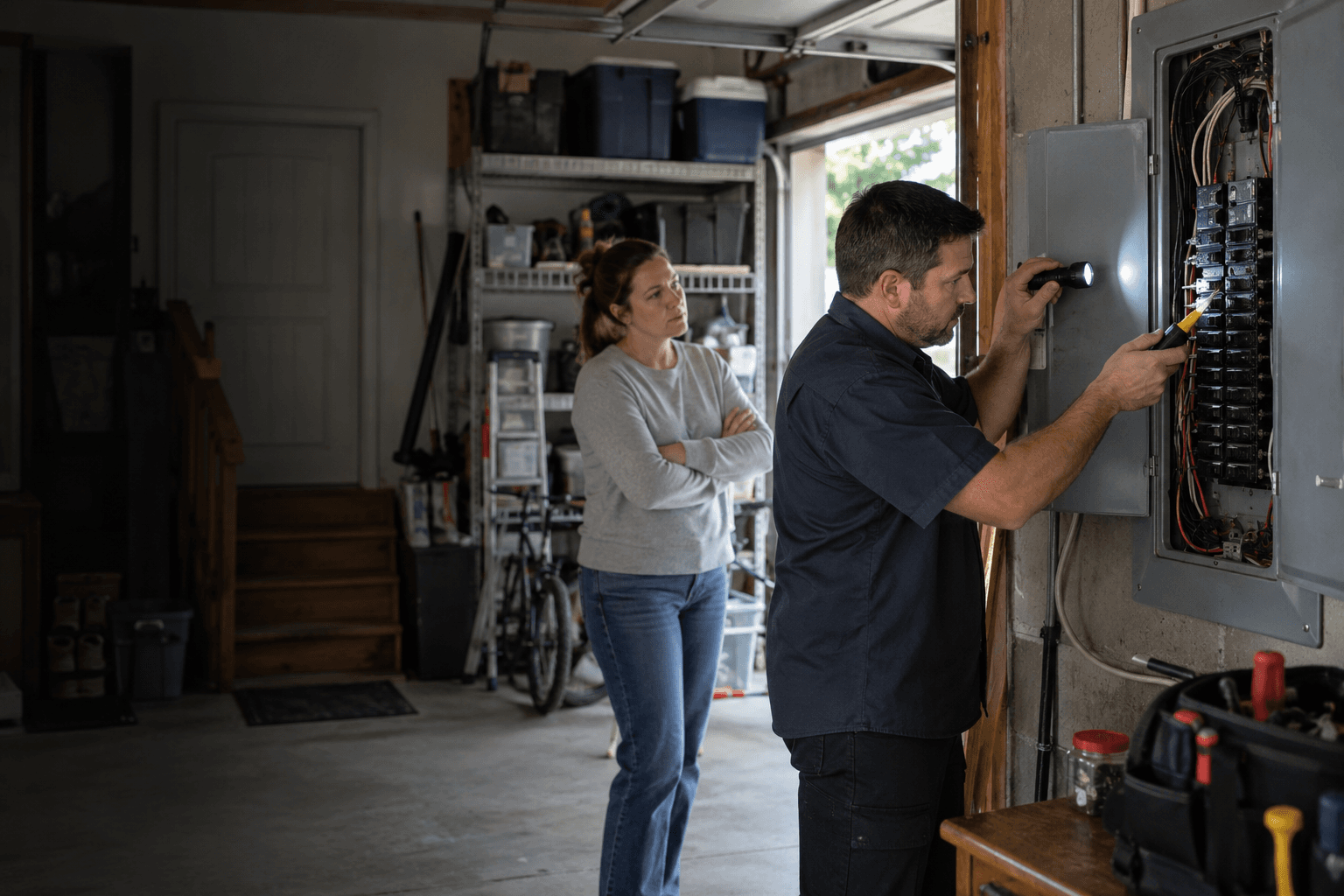 An electrician checks an open breaker panel in a garage while the homeowner looks on