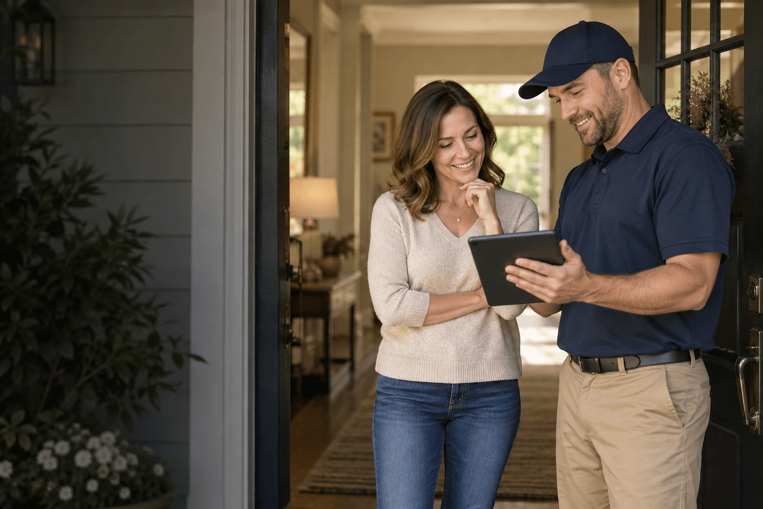 A service professional reviews a tablet with a smiling homeowner at her front door