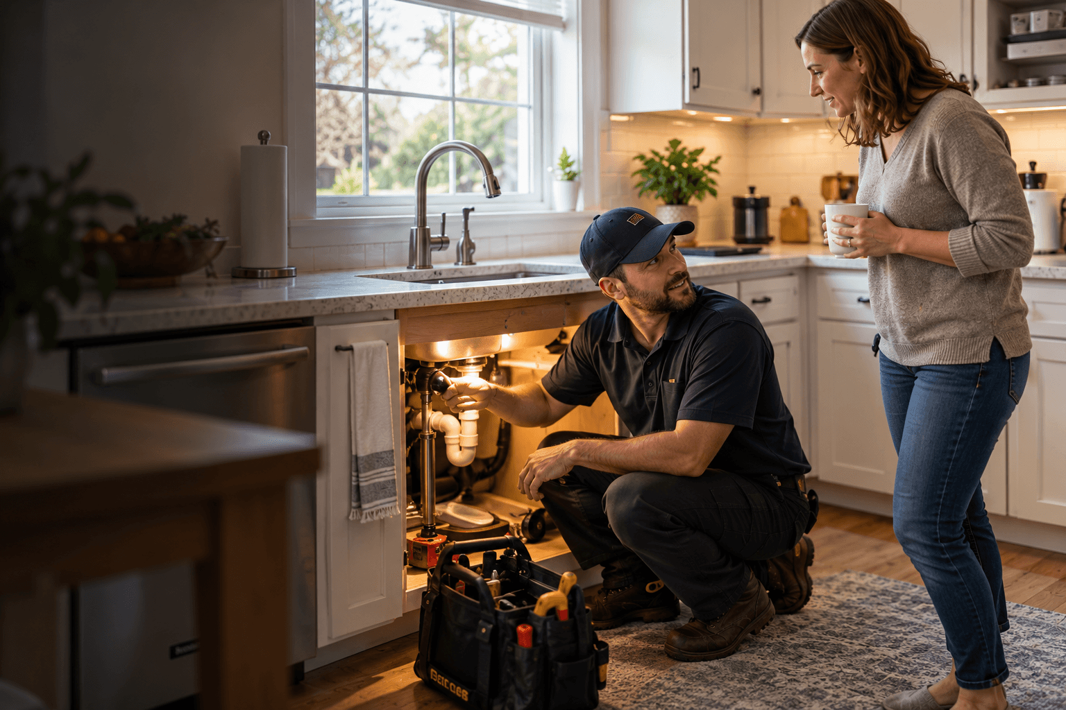 A technician explains a repair under the kitchen sink to a relieved homeowner