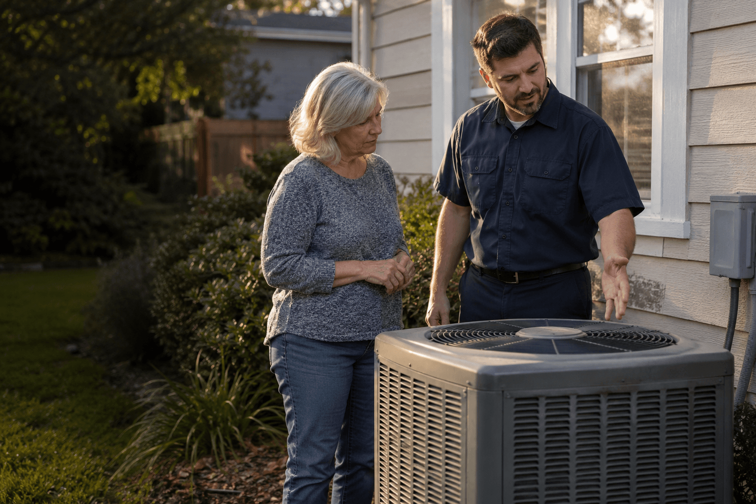 An HVAC technician talks with a homeowner beside an outdoor air-conditioning unit
