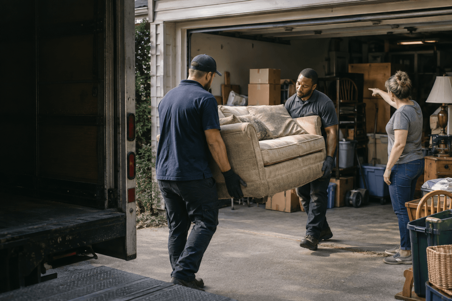 Two workers carry an old sofa out of a garage