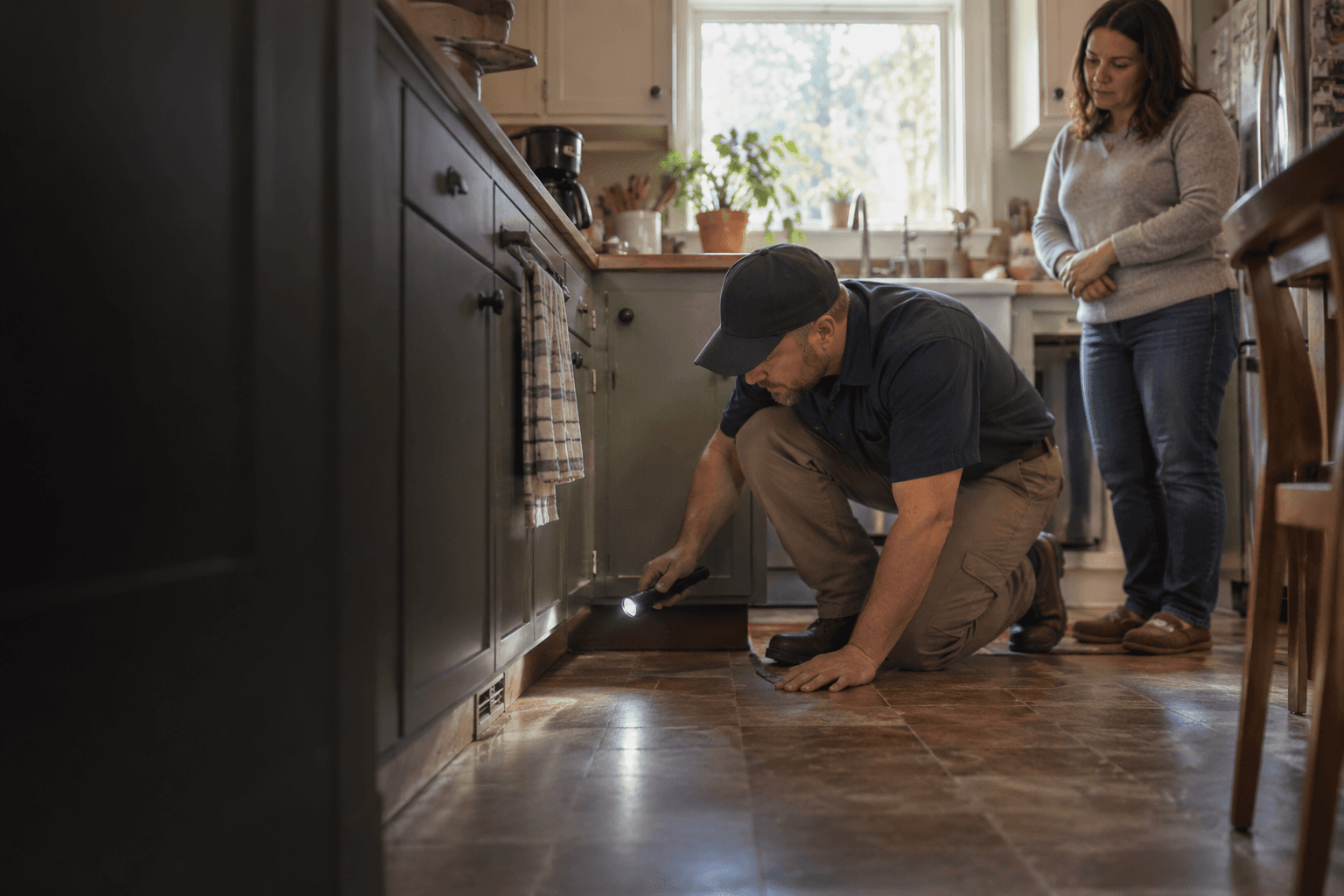 A pest-control professional inspects beneath kitchen cabinets with a flashlight