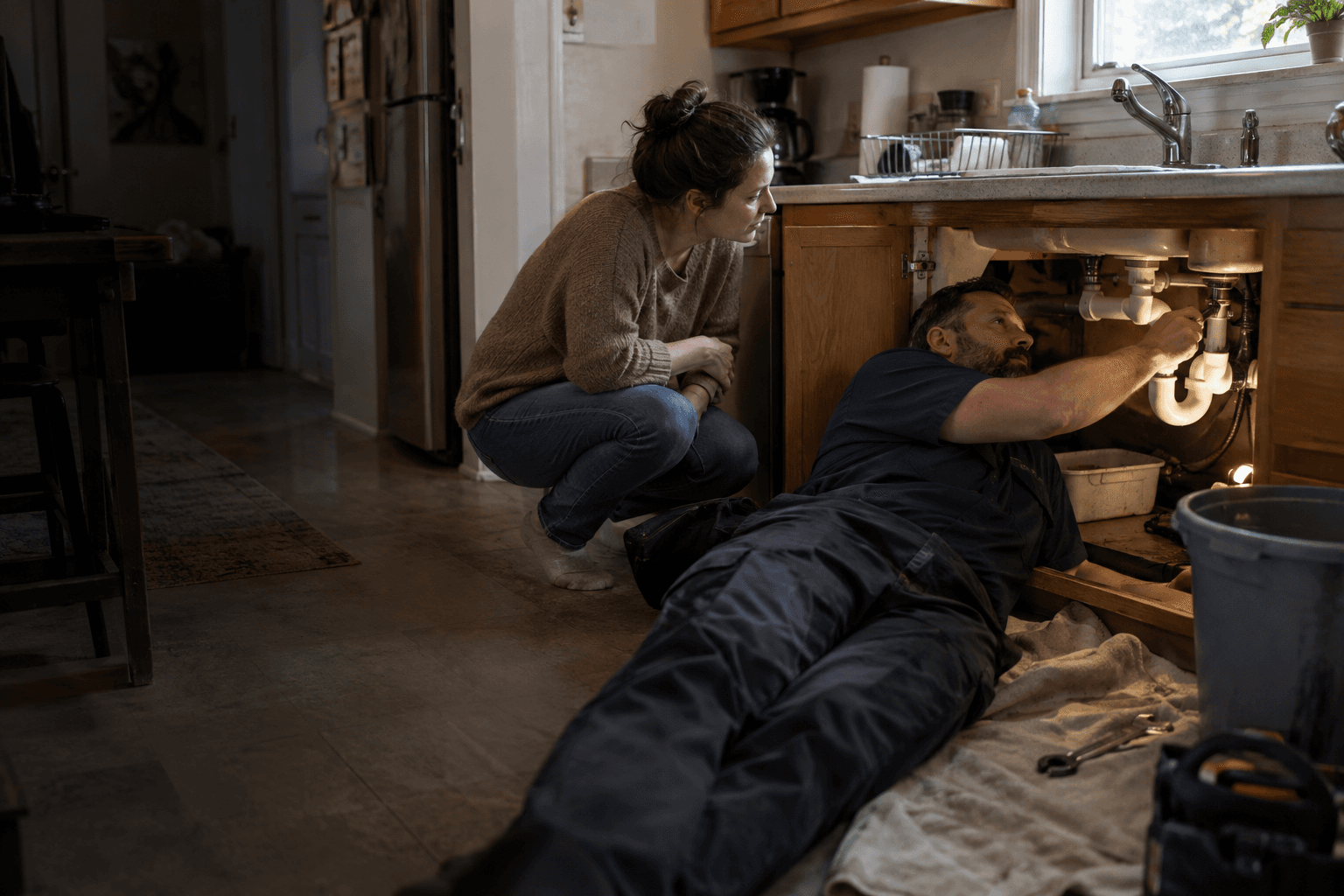 A plumber tightens a fitting under a kitchen sink as the homeowner watches