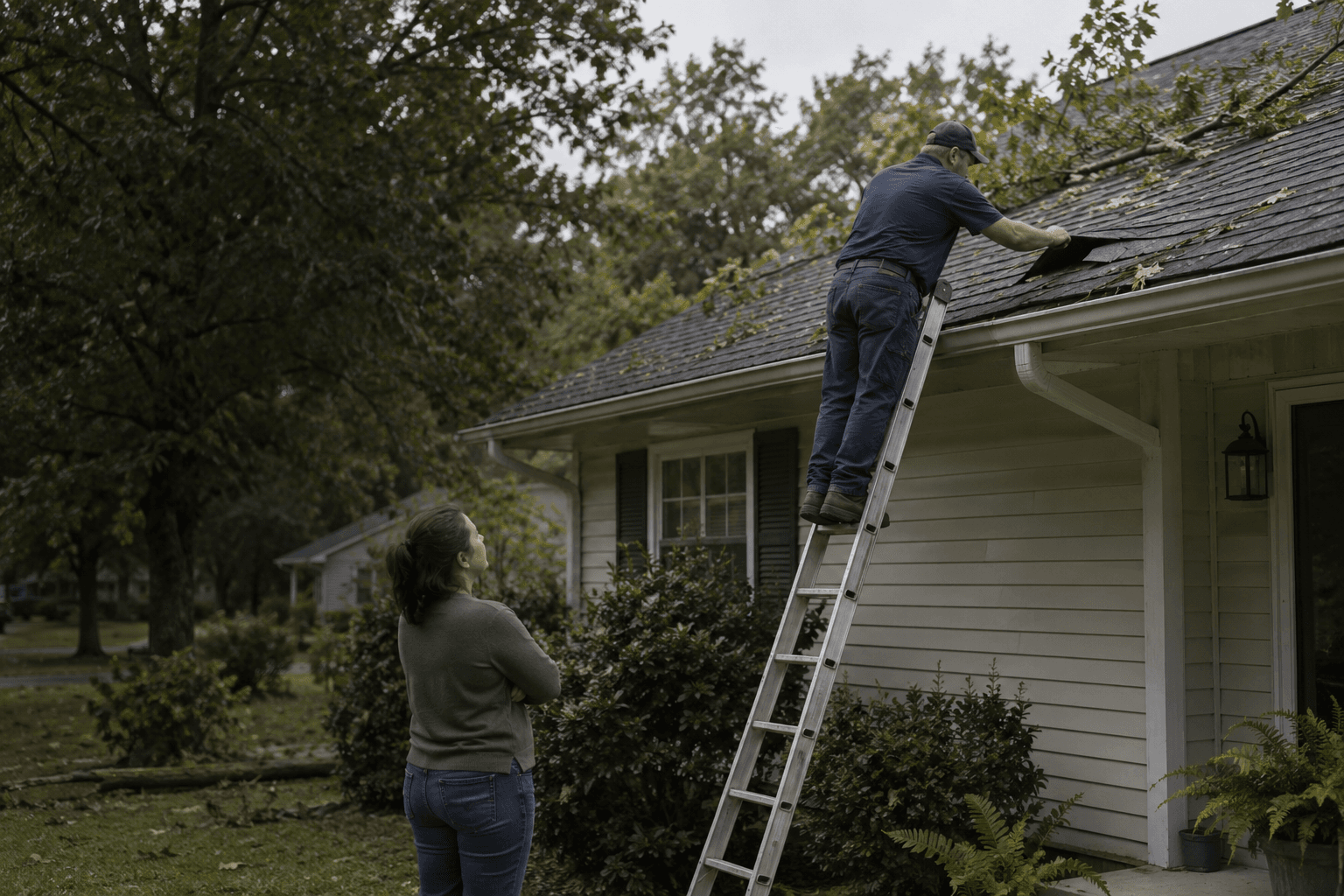 A roofer on a ladder inspects storm-damaged shingles while the homeowner looks on