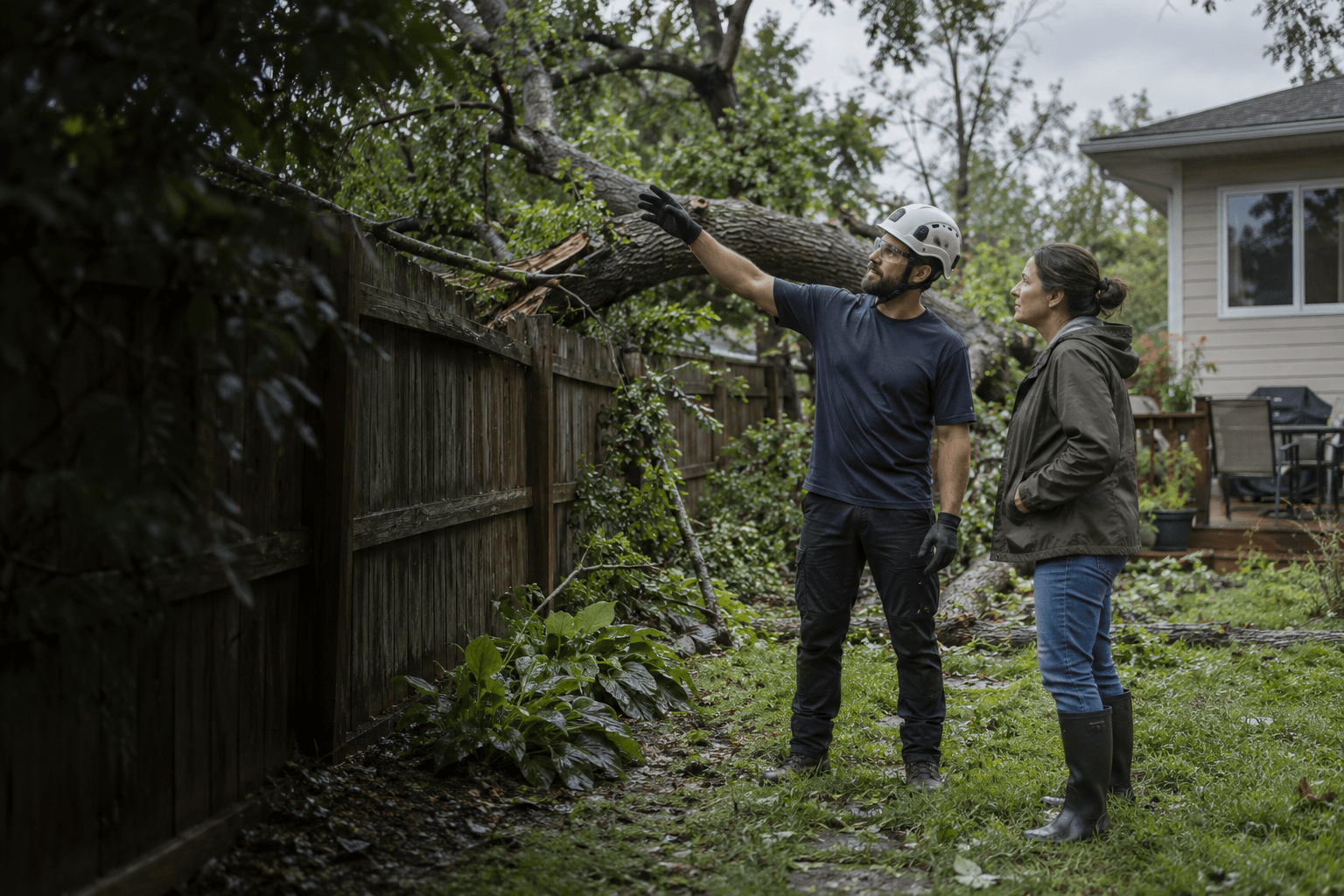 An arborist points out a fallen limb across a backyard fence to the homeowner